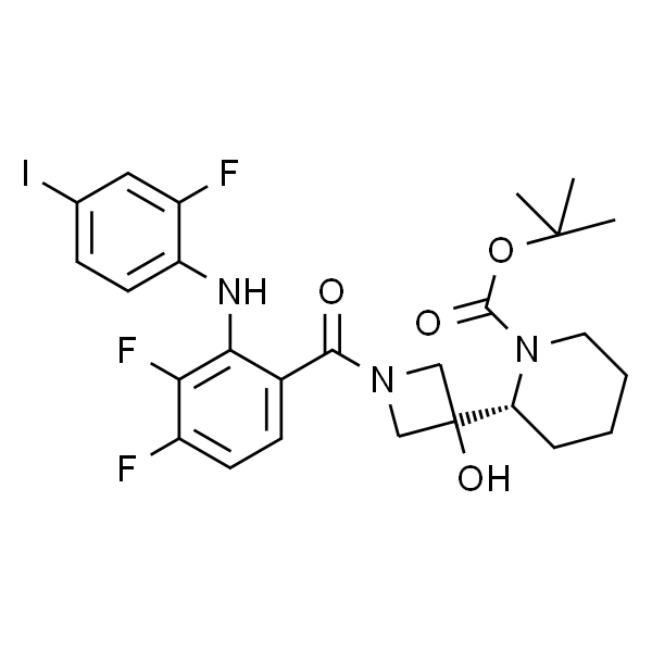 1-Piperidinecarboxylic acid, 2-[1-[3,4-difluoro-2-[(2-fluoro-4-iodophenyl)amino]benzoyl]-3-hydroxy-3-azetidinyl]-, 1,1-dimethylethyl ester, (2R)-
